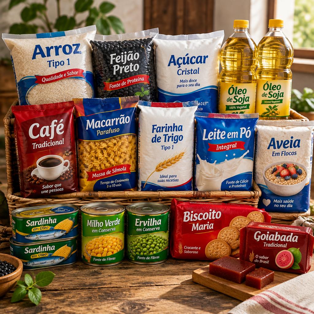 Cesta básica com arroz, feijão, café e outros alimentos